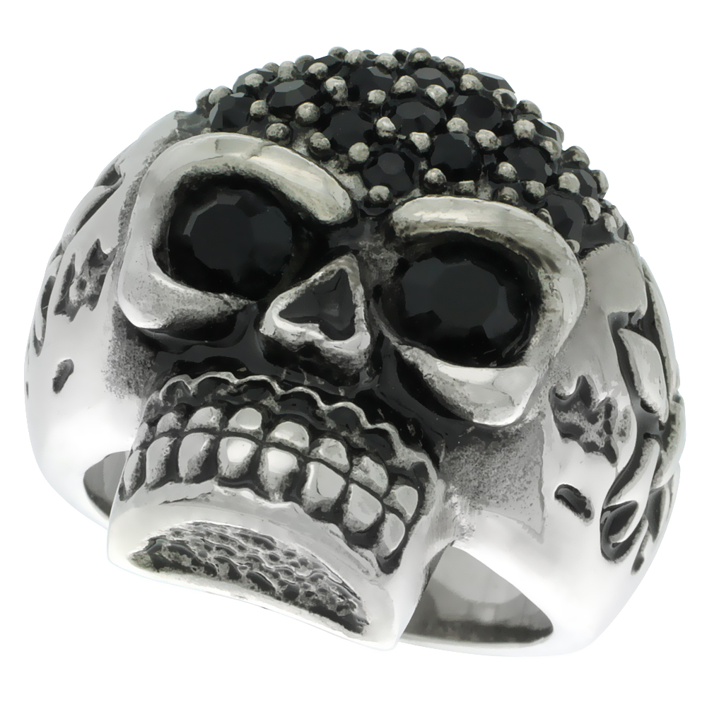Stainless Steel Skull Ring Black CZ Eyes & Fleur de Lis Sides Biker Rings for men sizes 9 - 15