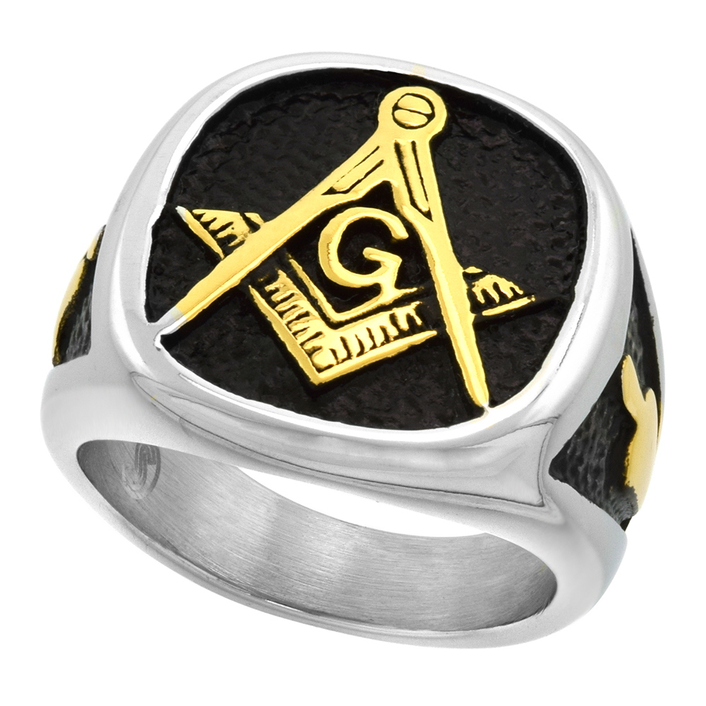 Stainless Steel Masonic Ring for Men Square and Compass Trowel sides Two Tone 3/4 inch wide size 9 - 13