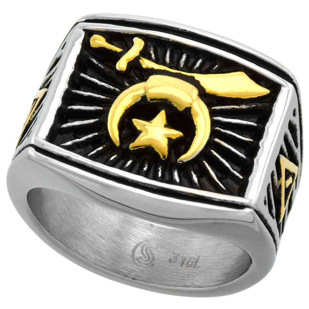 Stainless Steel Masonic Shriners Ring for Men Two Tone Rectangular 3/4 inch wide size 9 - 13