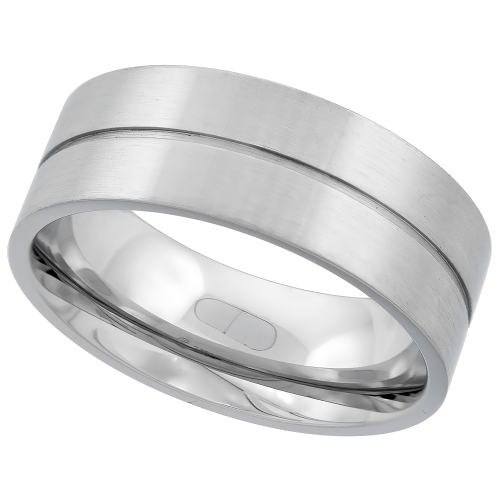 Surgical Stainless Steel 8mm Wedding Band Ring Grooved Center Matte FinishComfort fit, sizes 8 - 14