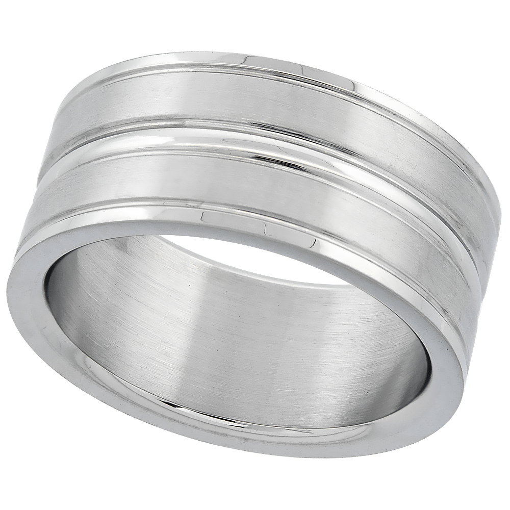 Surgical Stainless Steel 10mm Wedding Band Ring Grooved Center and Edges Matte Finish, sizes 8 - 14