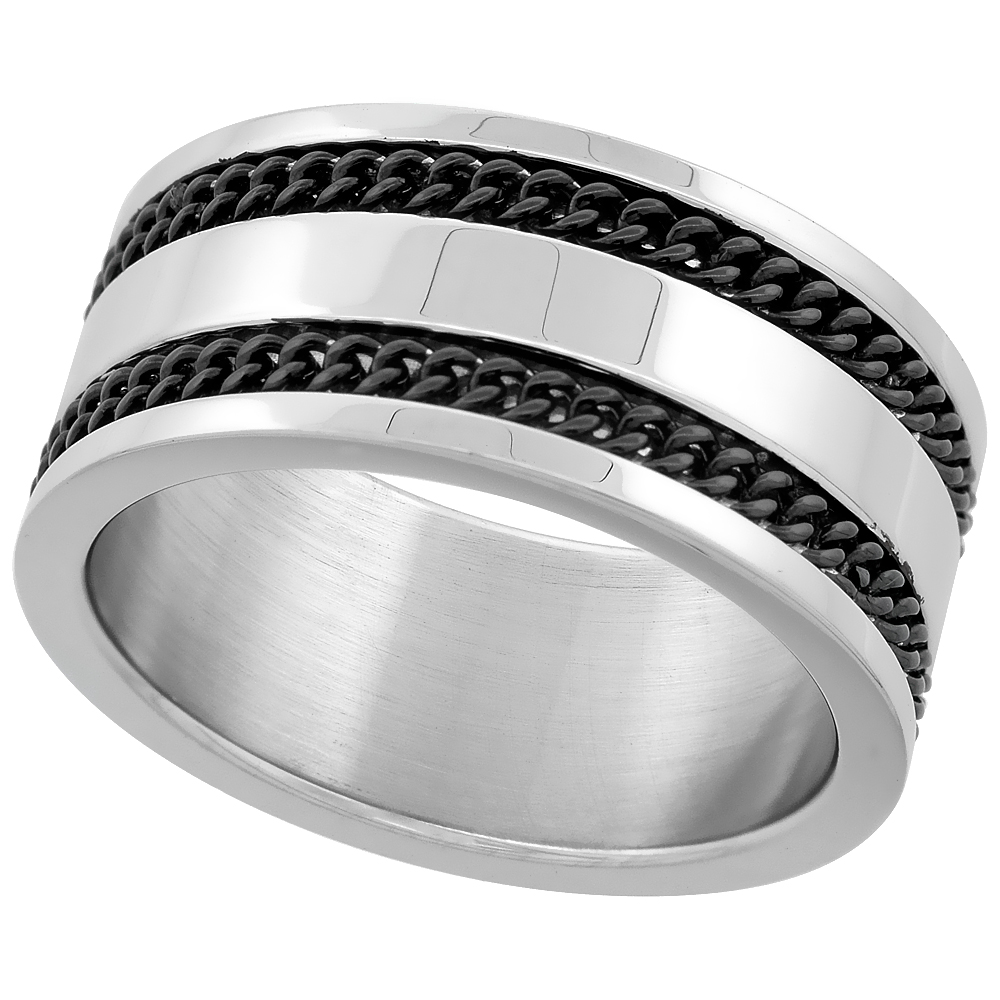 Surgical Stainless Steel 10mm Wedding Band Ring Black Double Chain Inlay Polished finish, sizes 8 - 14