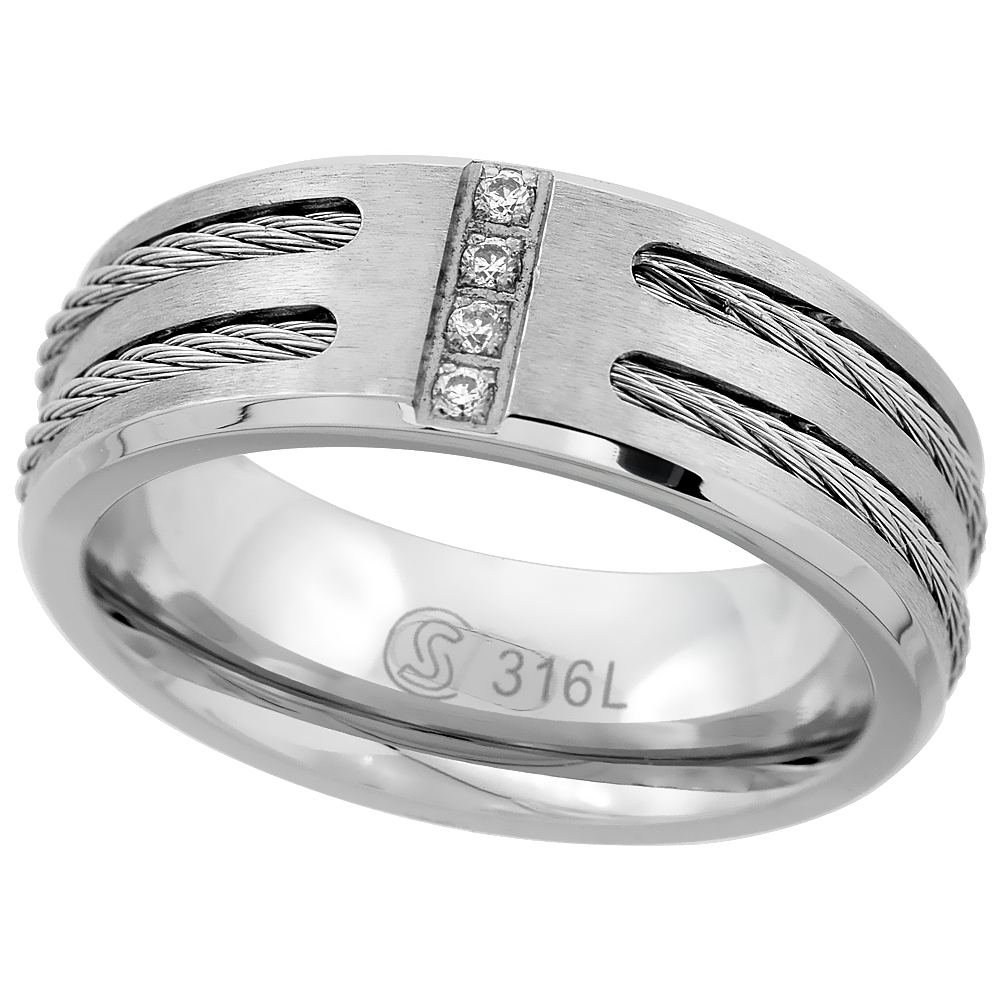Stainless Steel 8mm CZ Wedding Band Ring Double Cable Inlay Beveled Edges Matte Comfort fit, sizes 8 - 14