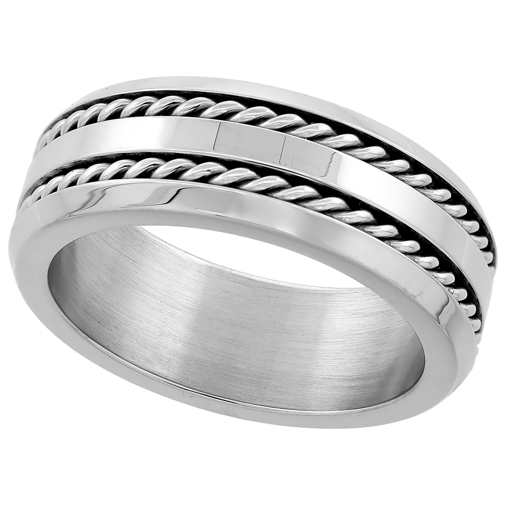 Stainless Steel 8mm Wedding Band Ring Double Rope Inlay Beveled Edges Polished Finish, sizes 8 - 14