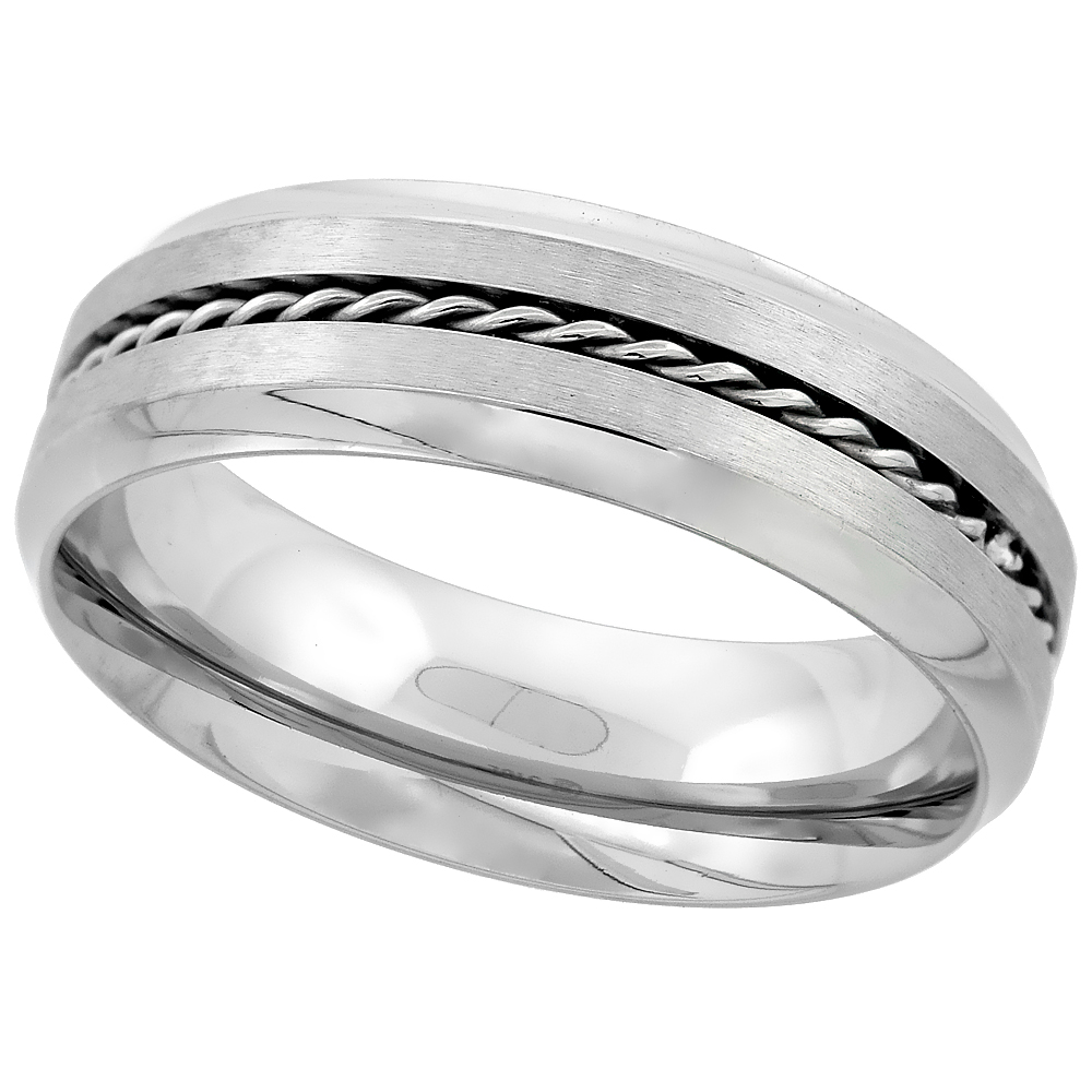 Stainless Steel 7mm Rope Inlay Wedding Band Ring Matte Finish Concaved Edges Comfort Fit, sizes 8 - 14