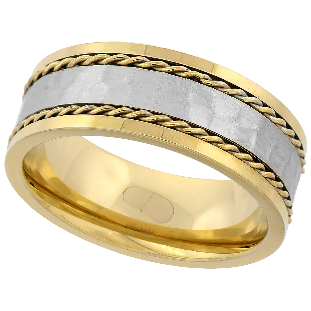 Stainless Steel 8mm Wedding Band Ring Double Rope Inlay Hammered Center Two-tone Gold, sizes 8-14