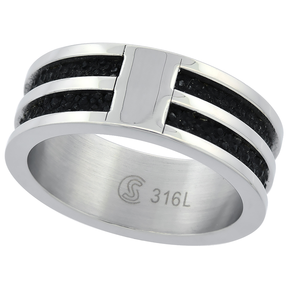 Surgical Stainless Steel 8mm Wedding Band Ring 2-row Black Bead Inlay Polished Finish, sizes 8 - 14