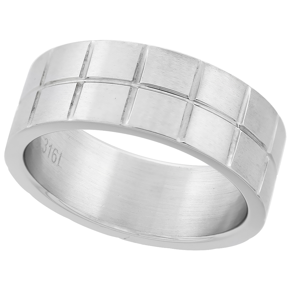 Surgical Stainless Steel 8mm Wedding Band Ring Square Blocks Matte Finish, sizes 8 - 14