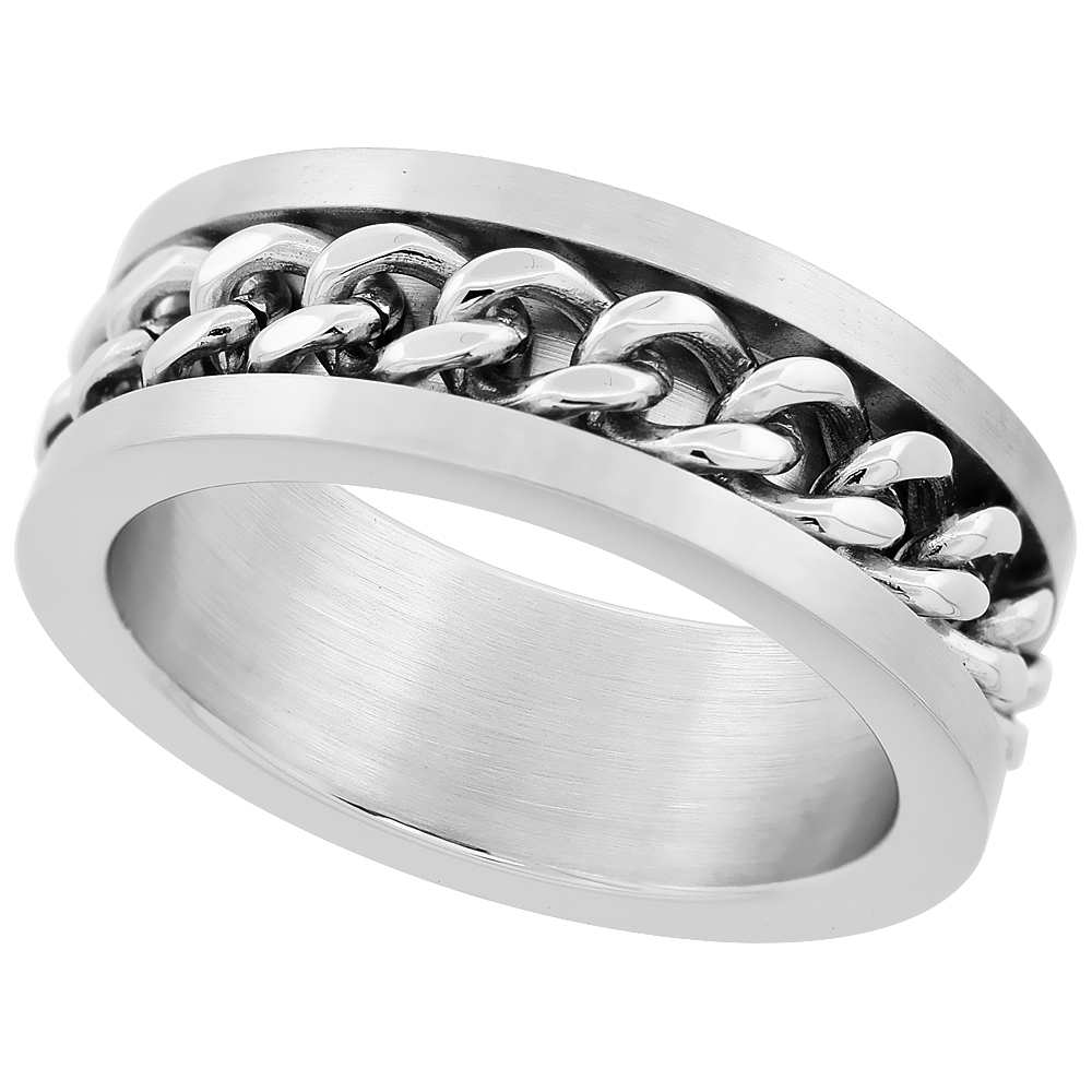 Surgical Stainless Steel 8mm Wedding Band Ring Curb Chain Inlay Matte Finish, sizes 8 - 14