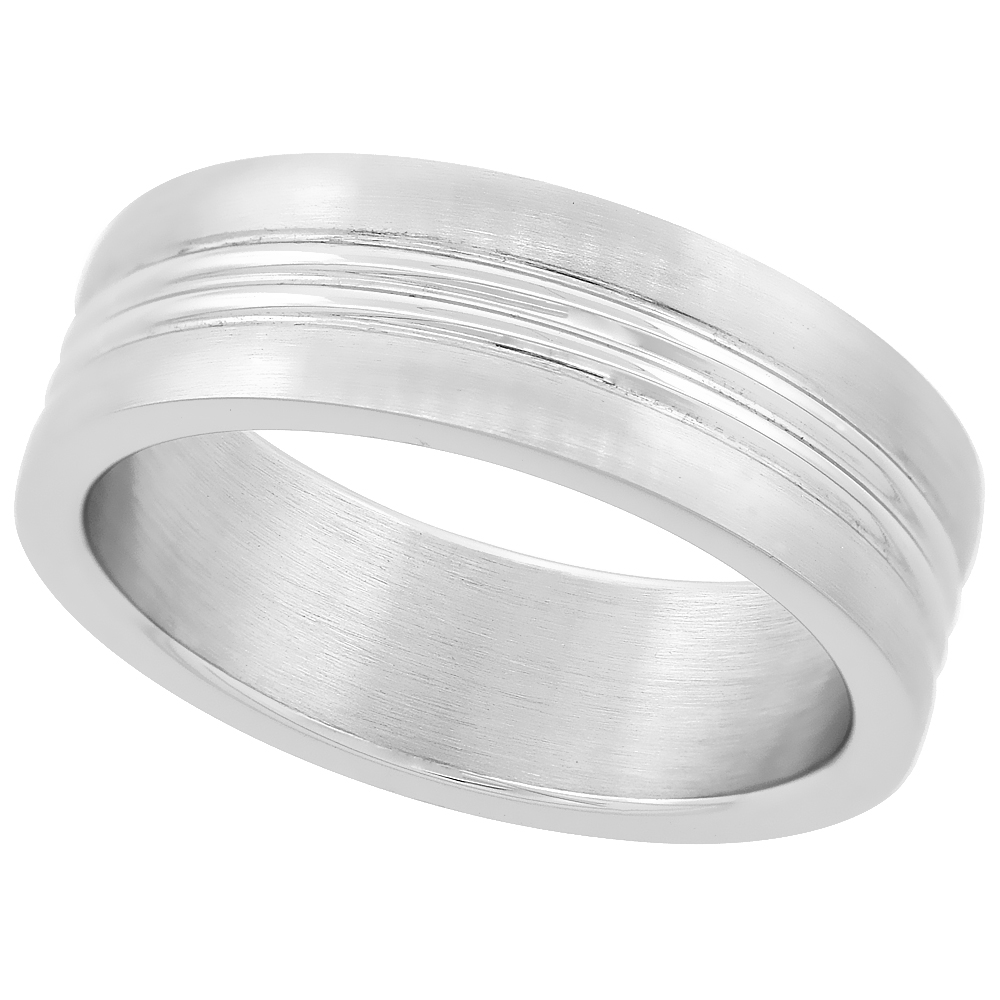 Surgical Stainless Steel 7mm Wedding Band Ring Triple Grooved Matte Finish, sizes 8 - 14