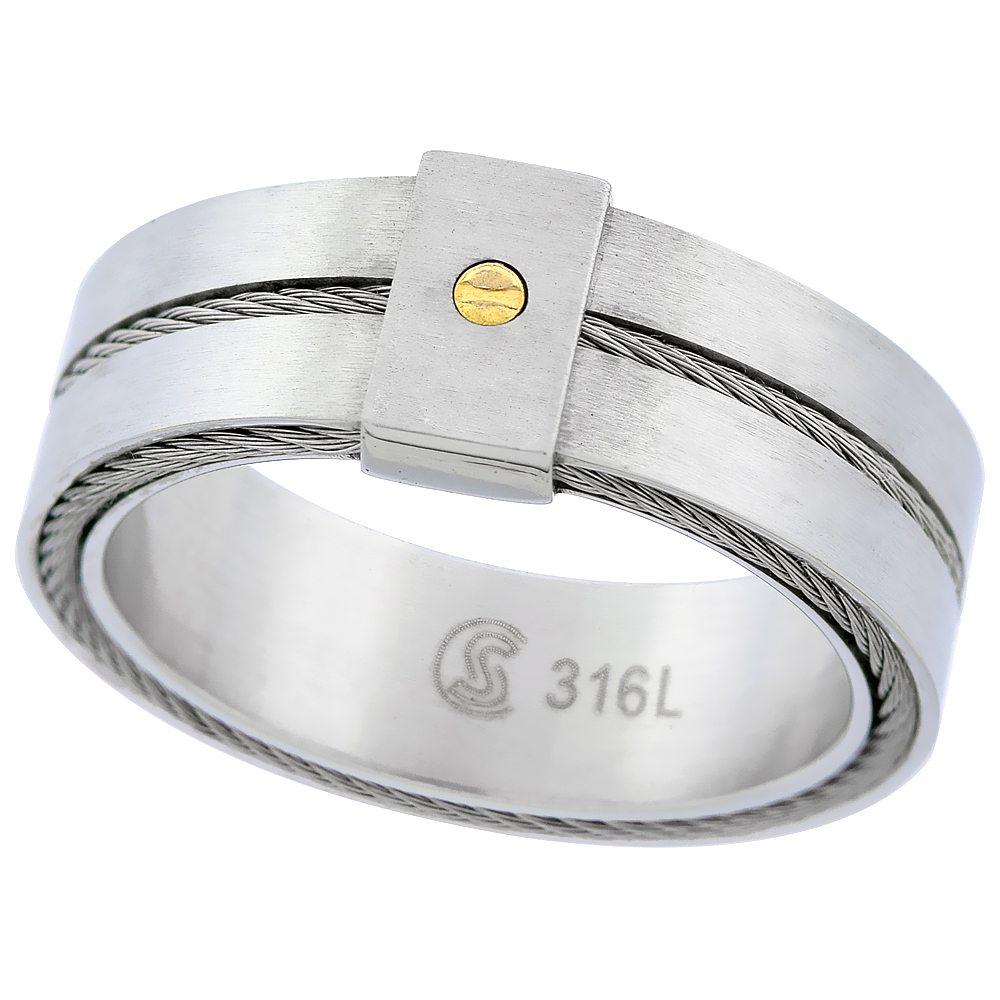 Surgical Stainless Steel 8mm Wedding Band Side & Center Inlay Cable Gold Dot Matte Finish, sizes 8 - 14