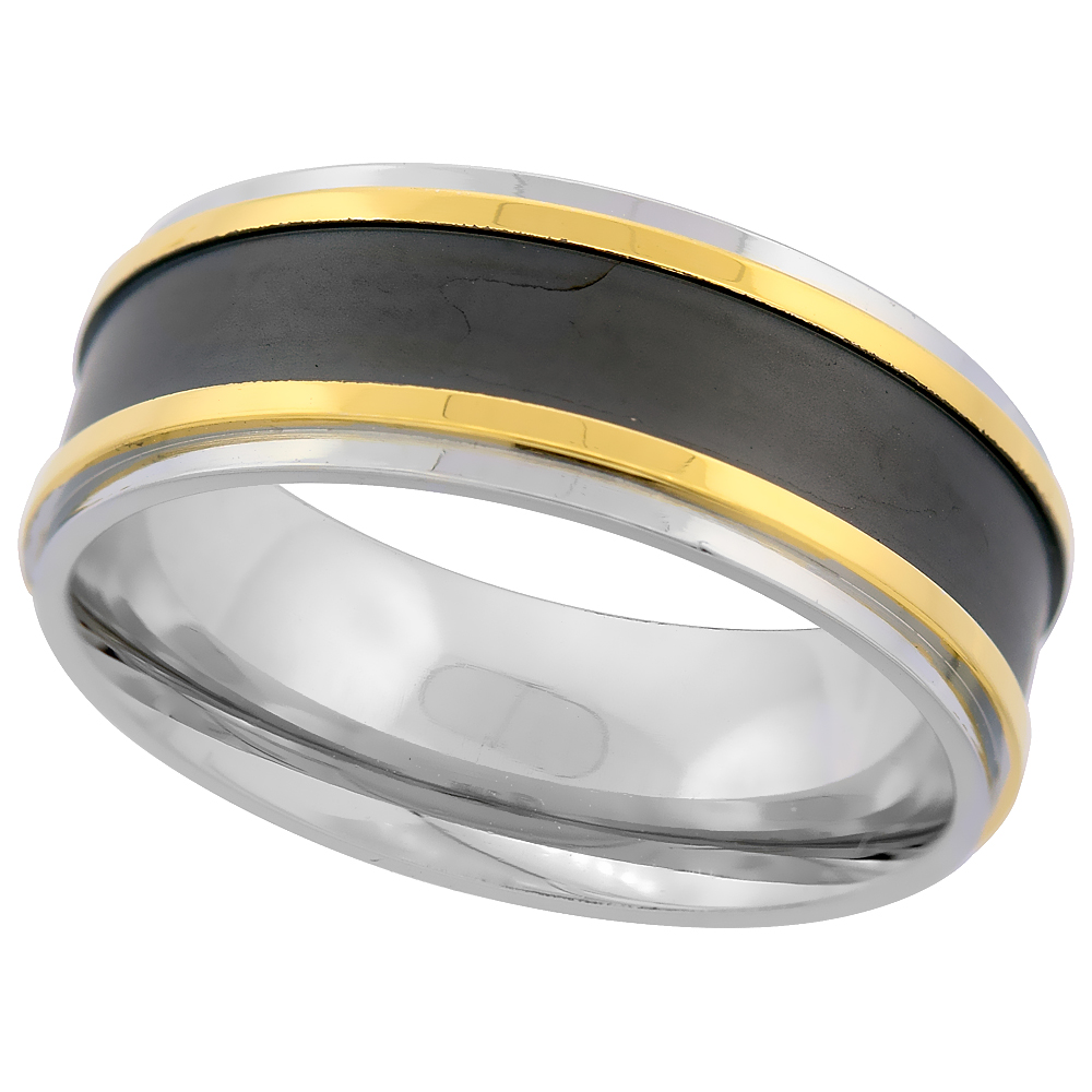 Surgical Stainless Steel 8mm Wedding Band Ring Black Center Double Gold Stripes Comfort fit, sizes 8 - 14