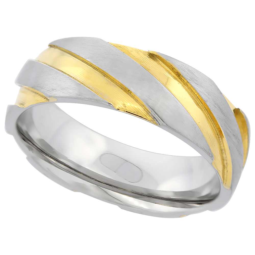 Surgical Stainless Steel 7mm Wedding Band Ring Diagonal Grooves Two-tone Gold Comfort fit, sizes 8 - 14