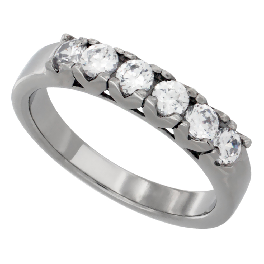 Surgical Stainless Steel Cubic Zirconia 6 stone Engagement Ring 4mm Polished Finish, sizes 5 - 10