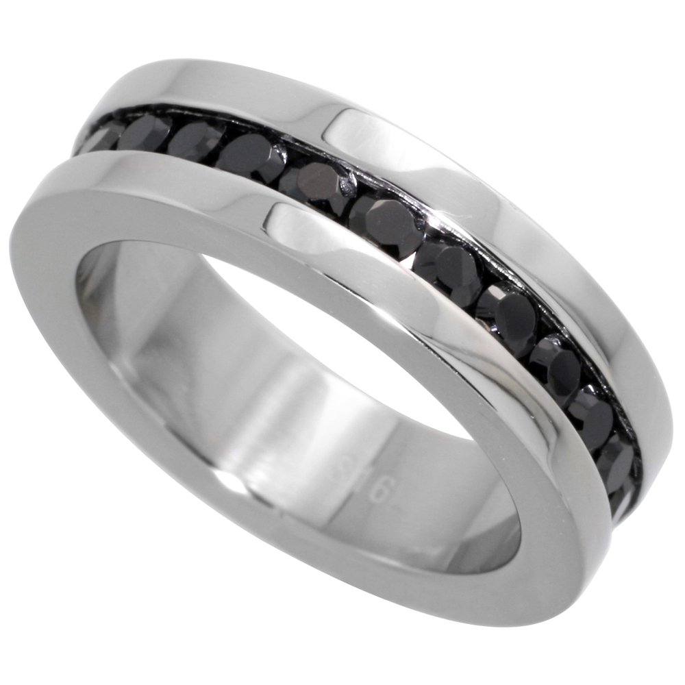 Surgical Stainless Steel 6mm Black Cubic Zirconia Eternity Ring Wedding Band High Polished, sizes 5 - 9