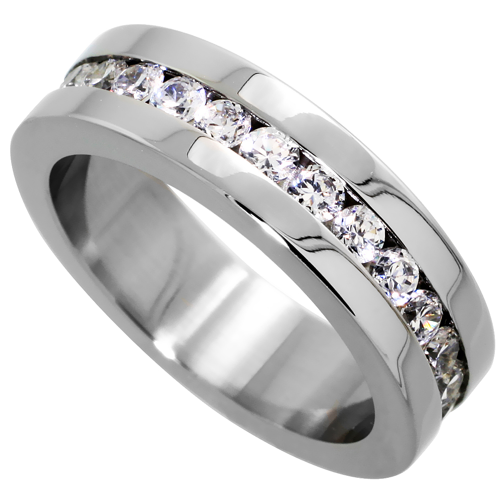 Surgical Stainless Steel 6mm Cubic Zirconia Eternity Ring Wedding Band High Polished, sizes 5 - 9