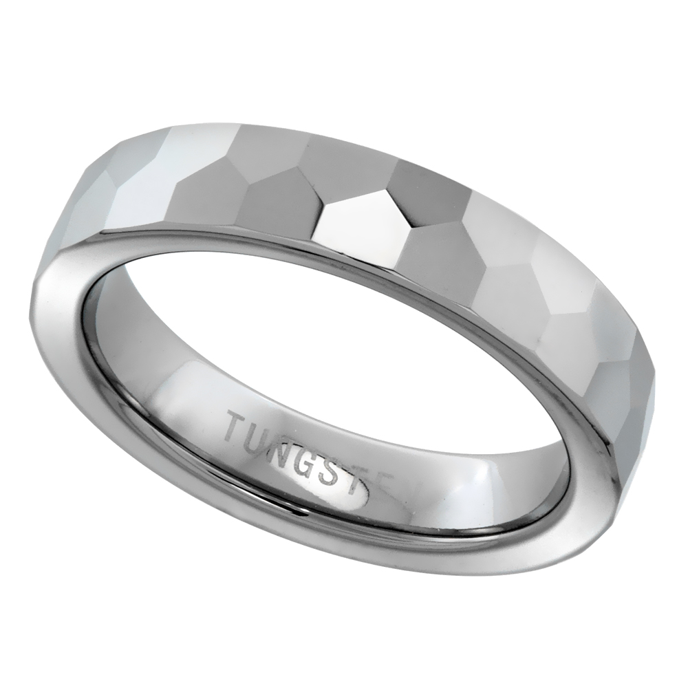 Tungsten Carbide 5 mm Faceted Dome Wedding Band Ring Pentagon Patterns sizes 7 to 14
