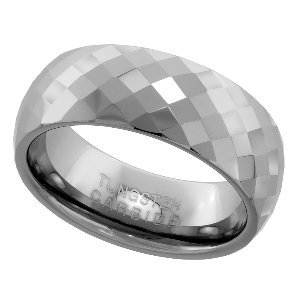 Tungsten Carbide 8 mm Faceted Dome Wedding Band Ring Fine Diamond Pattern sizes 5 to 14