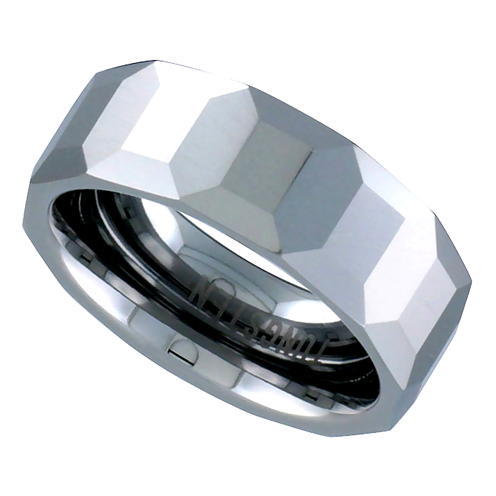 Tungsten Carbide 8 mm Faceted Dome Wedding Band Ring Octagon Patterns, sizes 5 to 14