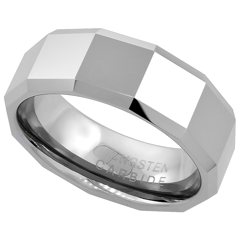 Tungsten Carbide 8 mm Faceted Flat Wedding Band Ring Large Square Patterns Beveled Edges, sizes 7 to 14