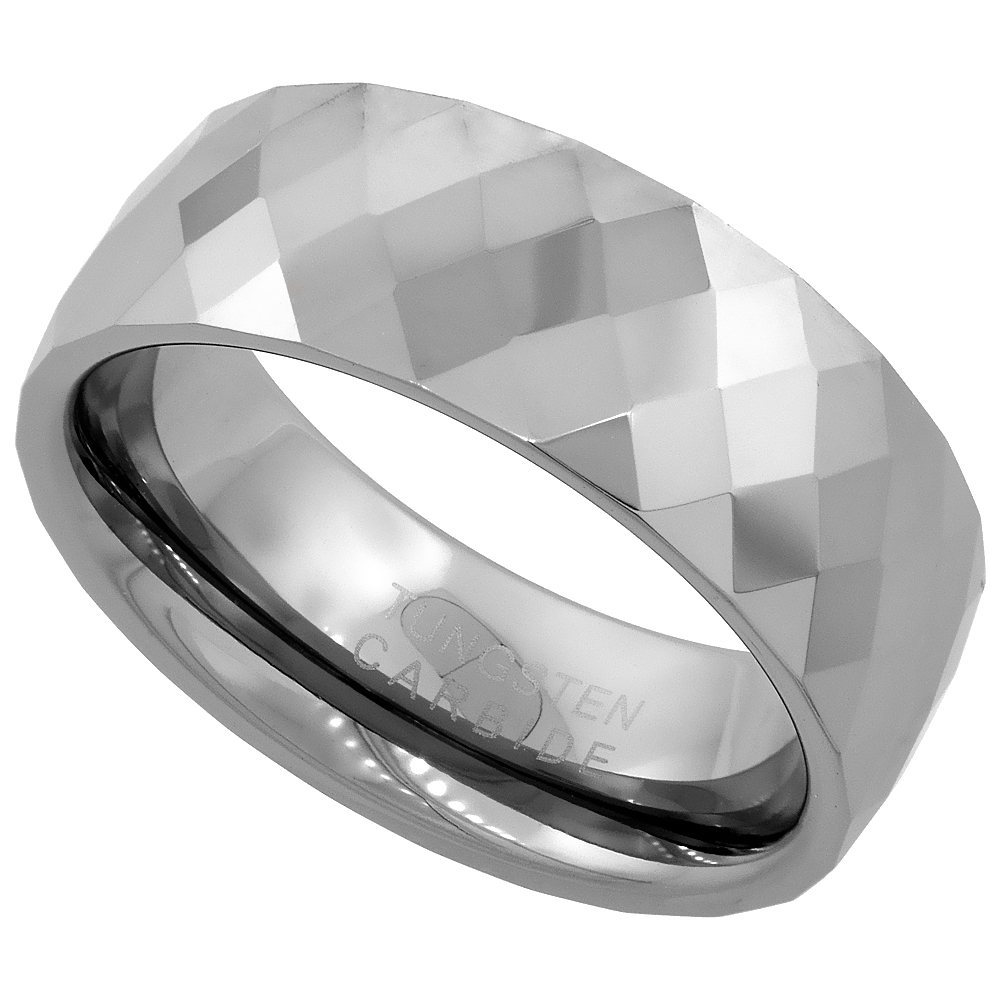 Tungsten Carbide 8 mm Faceted Dome Wedding Band Ring Diamond Pattern, sizes 7 to 14