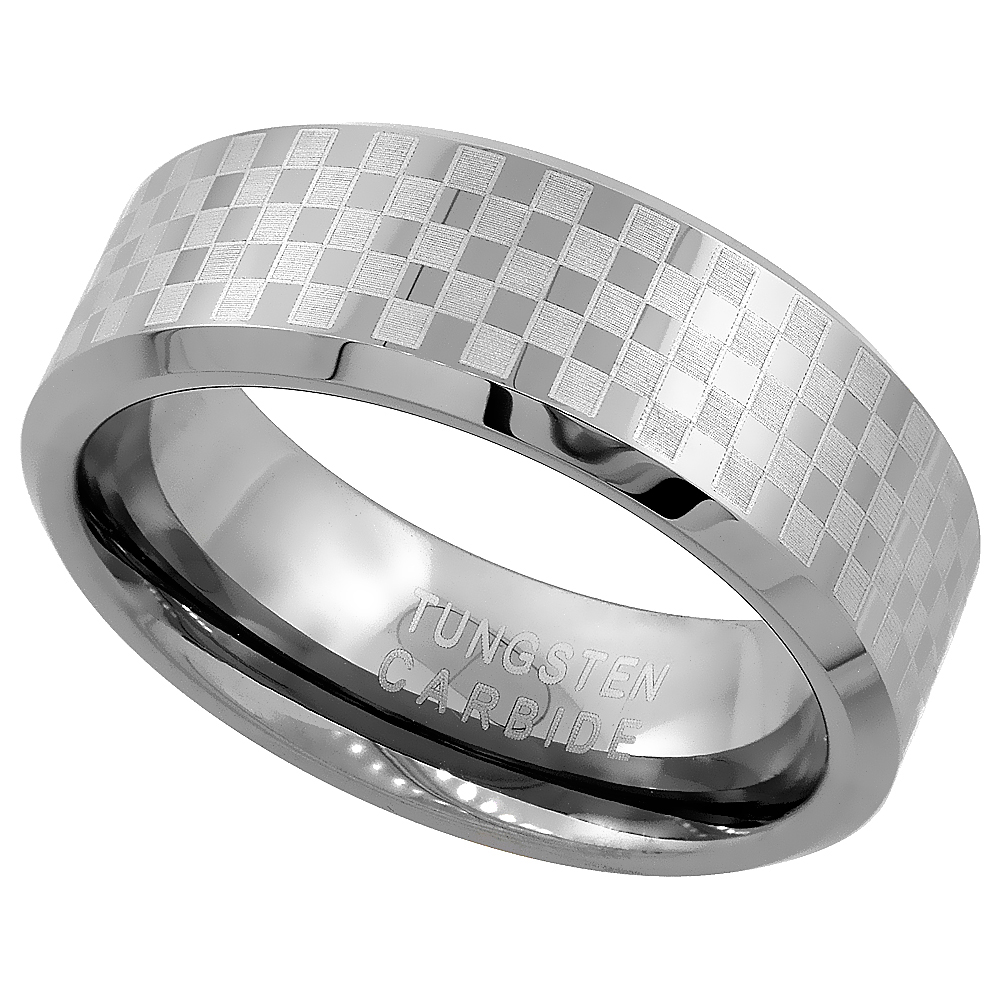 Tungsten Carbide 8 mm Flat Wedding Band Ring Etched Checker Board Pattern, sizes 7 to 14
