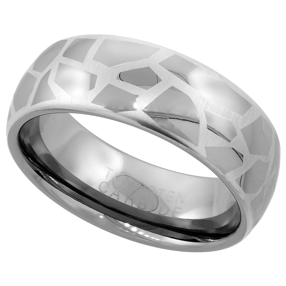 TUNGSTEN CARBIDE 8 MM DOMED WEDDING BAND RING ETCHED ABSTRACT PATTERN SIZES 7 TO 14