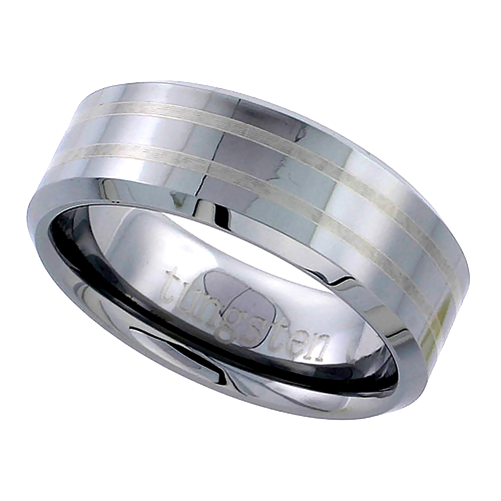TUNGSTEN CARBIDE 8 MM FLAT WEDDING BAND RING 2 ETCHED STRIPES BEVELED EDGES SIZES 5 TO 14
