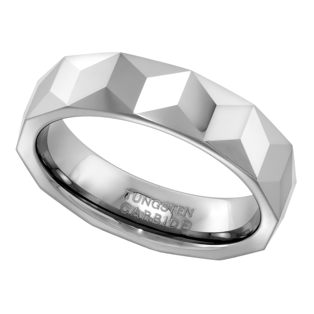 Tungsten Carbide 6 mm Faceted Flat Band Ring Triangular Prism Patterns sizes 7 to 13