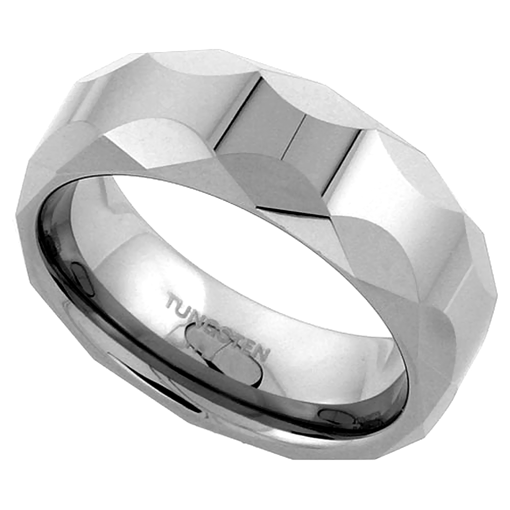 Tungsten Carbide 8 mm Faceted Dome Wedding Band Ring Circular Patterns, sizes 7 to 14