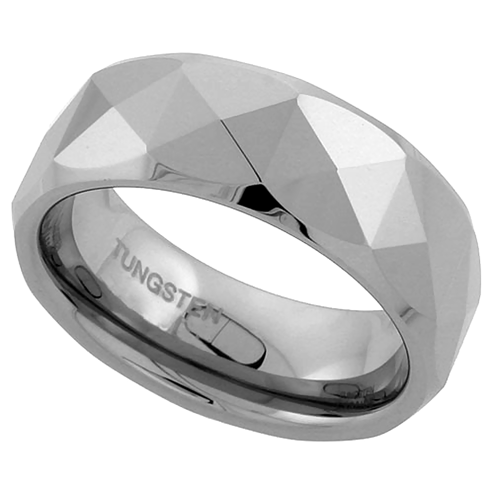 Tungsten Carbide 8 mm Faceted Dome Wedding Band Ring Pyramid Patterns, sizes 7 to 14