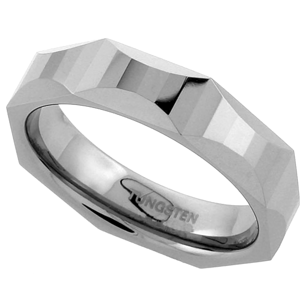Tungsten Carbide 5.5 mm Faceted Flat Wedding Band Ring Hour Glass Patterns, sizes 7 to 14
