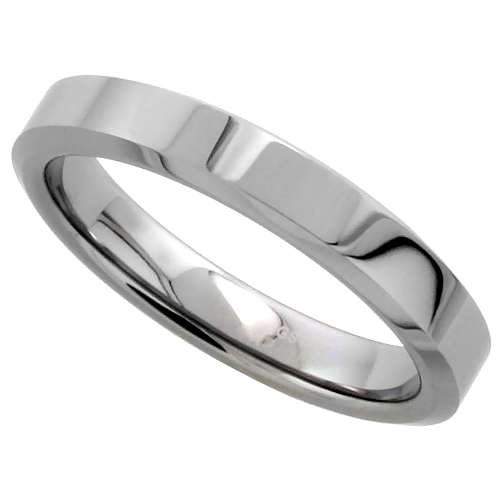 TUNGSTEN CARBIDE 4 MM FLAT WEDDING BAND THUMB RING HIS & HERS MIRROR POLISHED FINISH BEVELED EDGES SIZES 5 TO 12