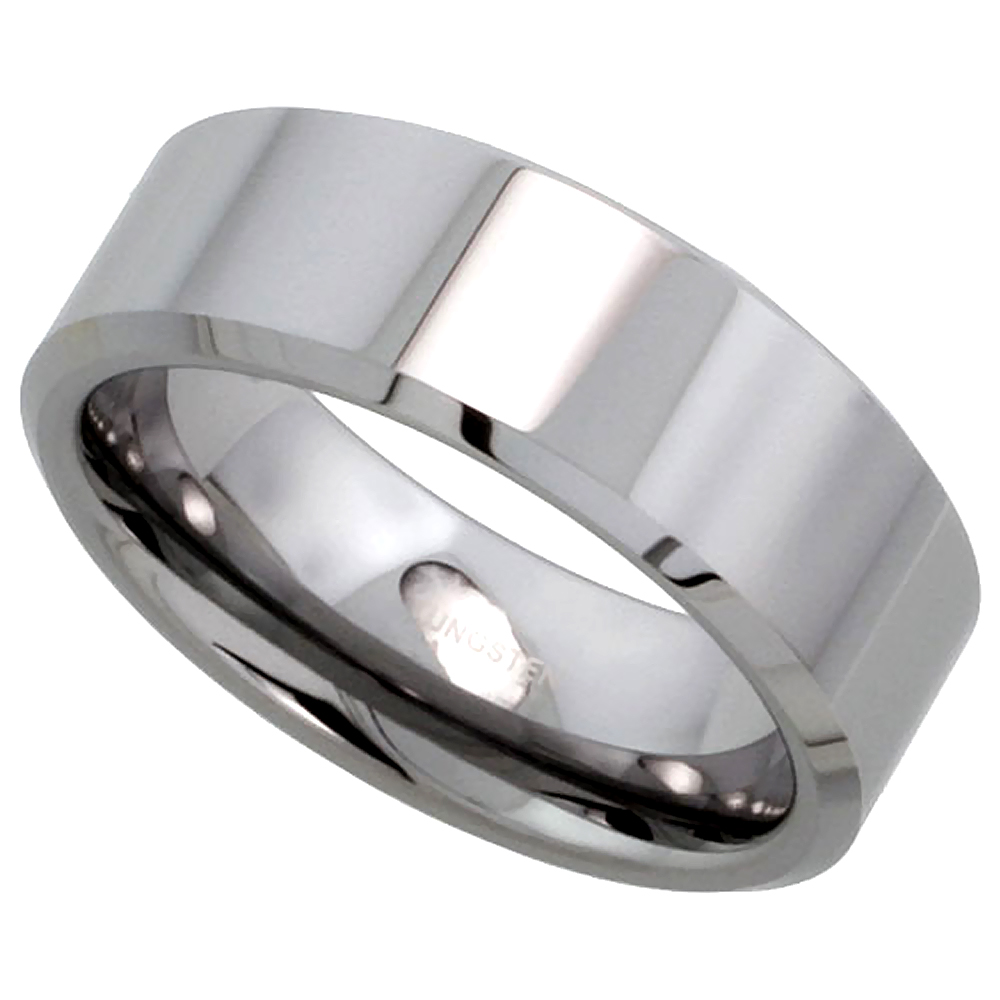 TUNGSTEN CARBIDE 8 MM FLAT WEDDING BAND RING HIS & HERS MIRROR POLISHED FINISH BEVELED EDGES SIZES 5 TO 15