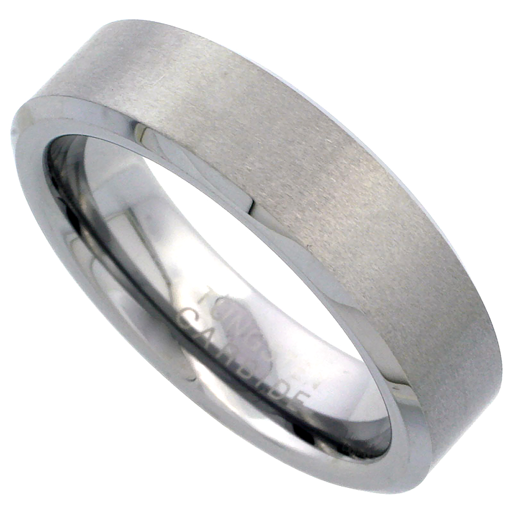 TUNGSTEN CARBIDE 6 MM FLAT WEDDING BAND RING SATIN FINISHED BEVELED EDGES SIZES 7 TO 12