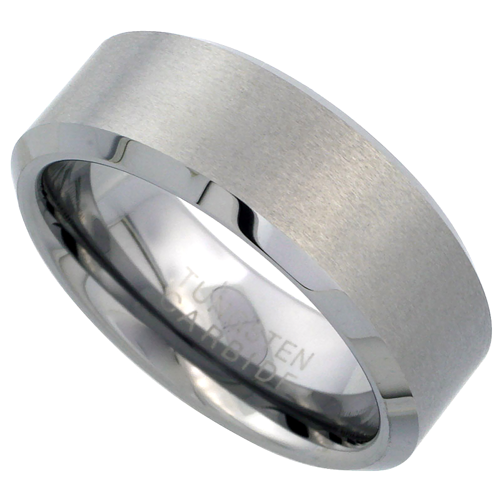TUNGSTEN CARBIDE 8 MM FLAT WEDDING BAND RING SATIN FINISHED BEVELED EDGES SIZES 9 TO 14