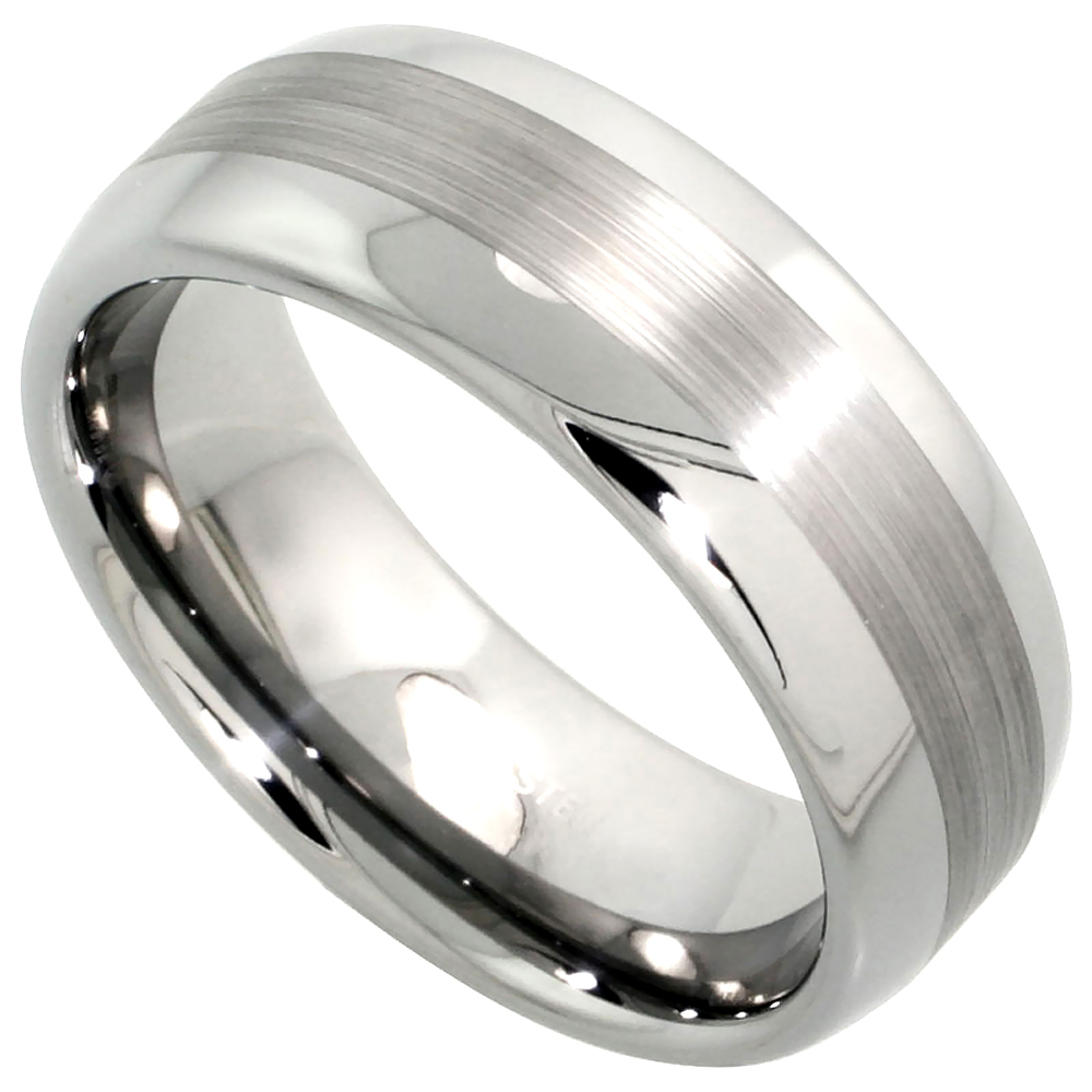 TUNGSTEN CARBIDE 8 MM DOMED WEDDING BAND RING WIDE CENTER STRIPE ETCHING SIZES 7 TO 14