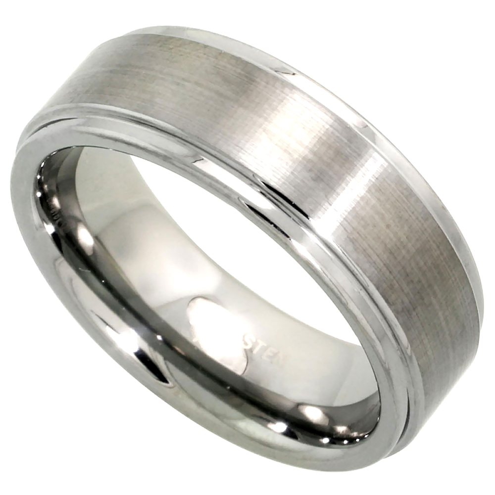 TUNGSTEN CARBIDE 8 MM FLAT WEDDING BAND RING SATIN FINISHED CENTER RECESSED EDGES SIZES 7 TO 14
