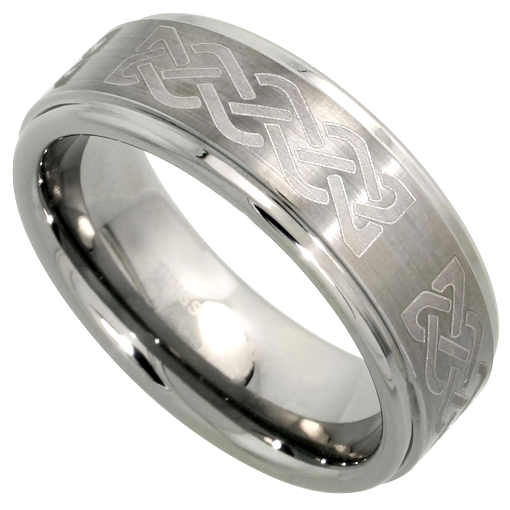 TUNGSTEN CARBIDE 8 MM FLAT WEDDING BAND RING ETCHED CELTIC KNOT PATTERN SATIN FINISH RECESSED EDGES SIZES 7 TO 14