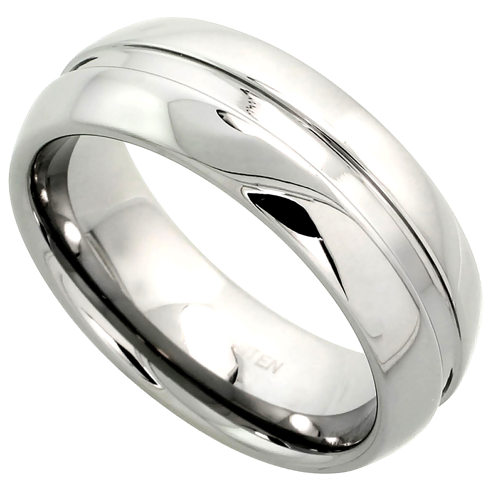 TUNGSTEN CARBIDE 8 MM DOME WEDDING BAND RING GROOVED CENTER MIRROR POLISHED FINISH SIZES 7 TO 14