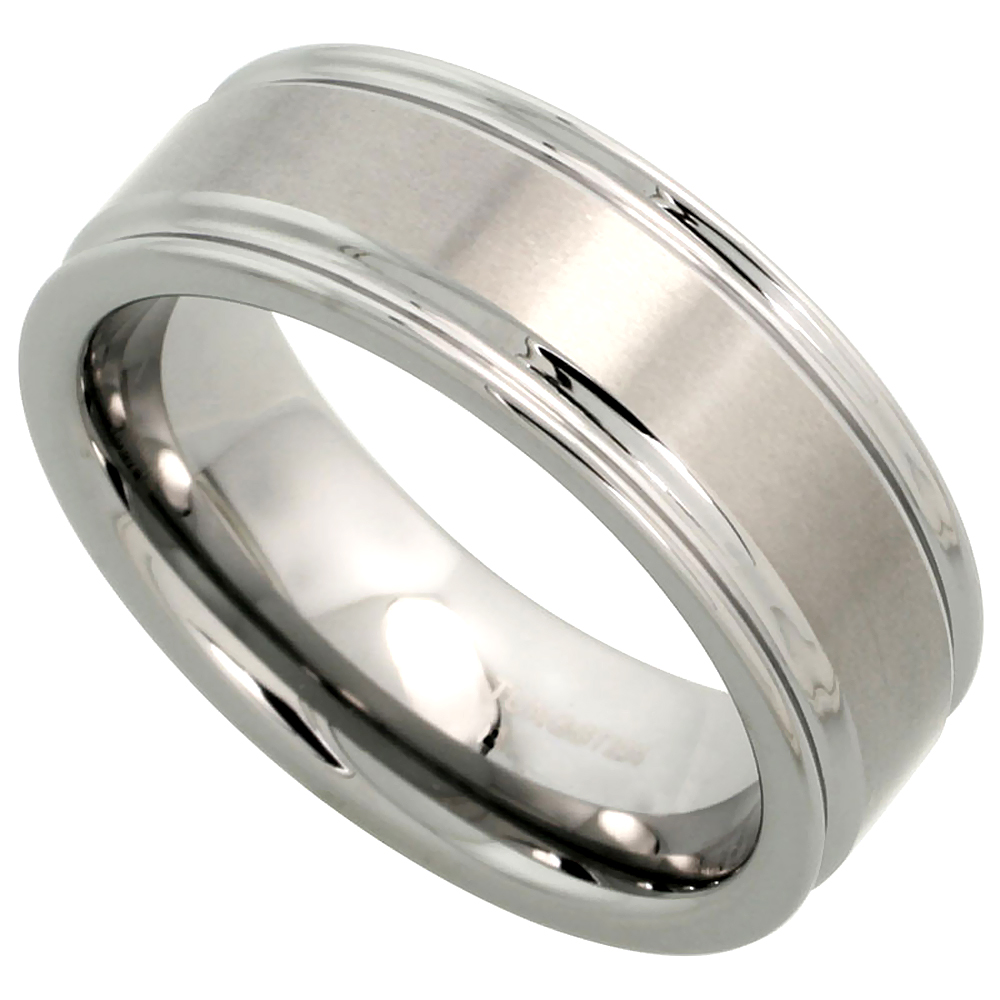 TUNGSTEN CARBIDE 8 MM FLAT WEDDING BAND RING DEEP GROOVED EDGES SATIN FINISHED SIZES 7 TO 14