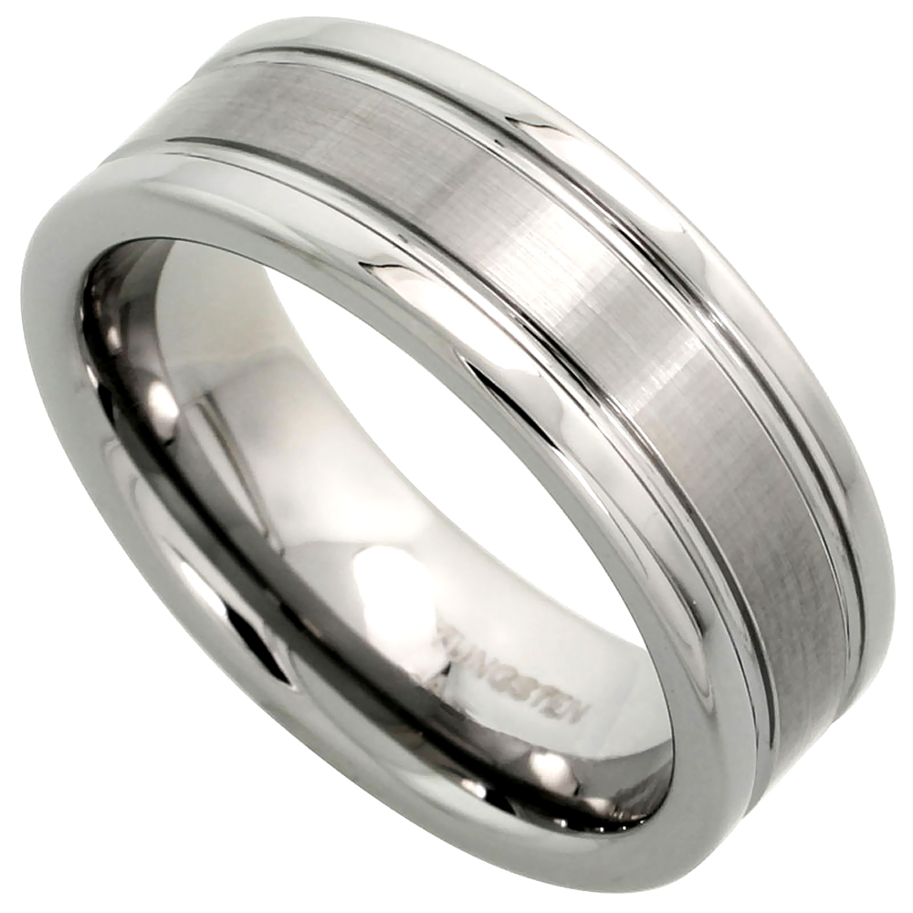 TUNGSTEN CARBIDE 8 MM FLAT WEDDING BAND RING SATIN FINISH CENTER GROOVED EDGES SIZES 7 TO 14