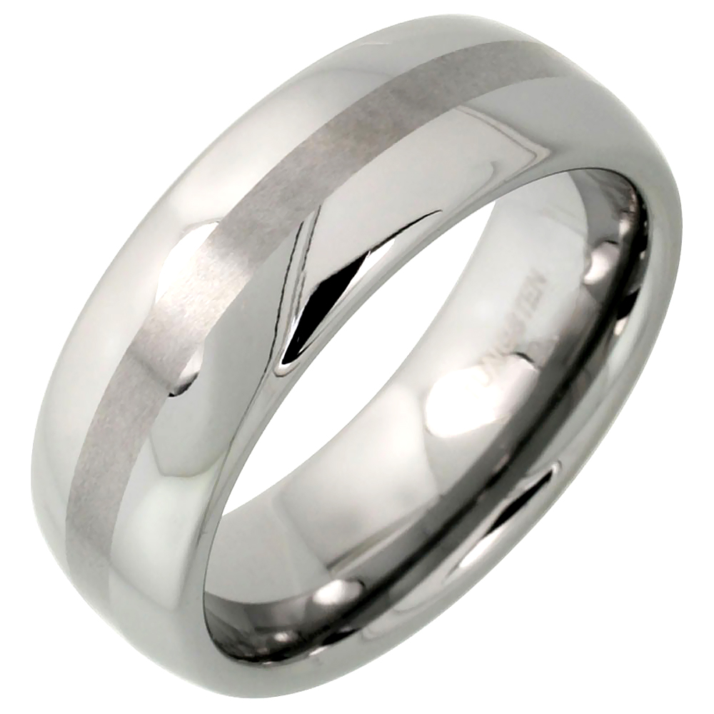 TUNGSTEN CARBIDE 8 MM DOMED WEDDING BAND RING NARROW CENTER STRIPE ETCHING SIZES 7 TO 14