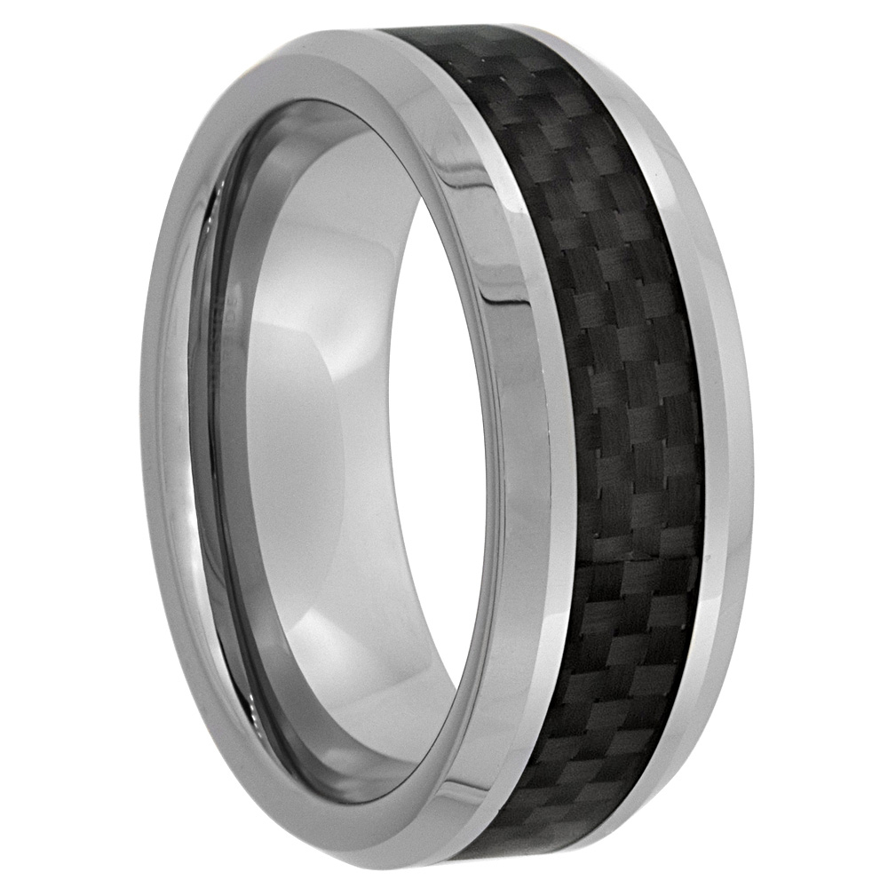 TUNGSTEN CARBIDE 8 MM FLAT WEDDING BAND RING BLACK CARBON FIBER INLAY BEVELED EDGES SIZES 7 TO 14