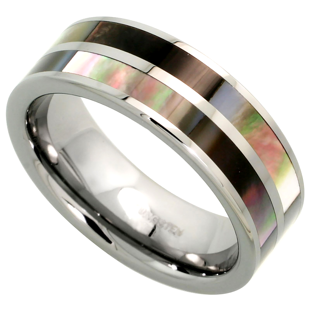 TUNGSTEN CARBIDE 8 MM FLAT WEDDING BAND RING INLAID MOTHER OF PEARL STRIPES SIZES 7 TO 14