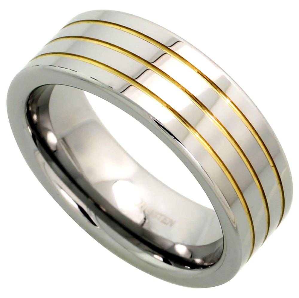 Tungsten Carbide 8 mm Flat Wedding Band Ring 3 Gold Grooves Mirror Polished Finish, sizes 7 to 14