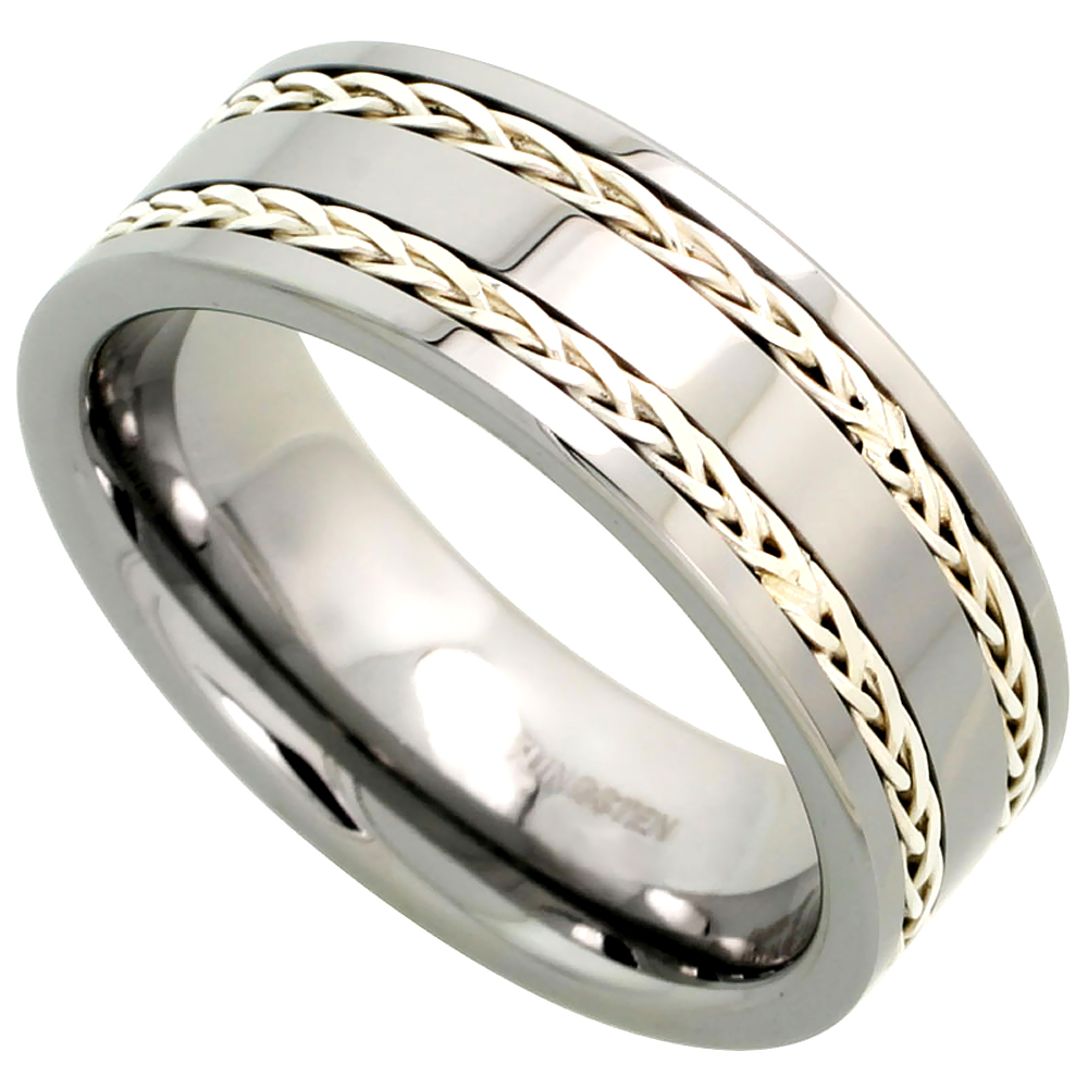 Tungsten Carbide 8 mm Flat Wedding Band Ring Double Sterling Silver Rope Inlay, sizes 7 to 14