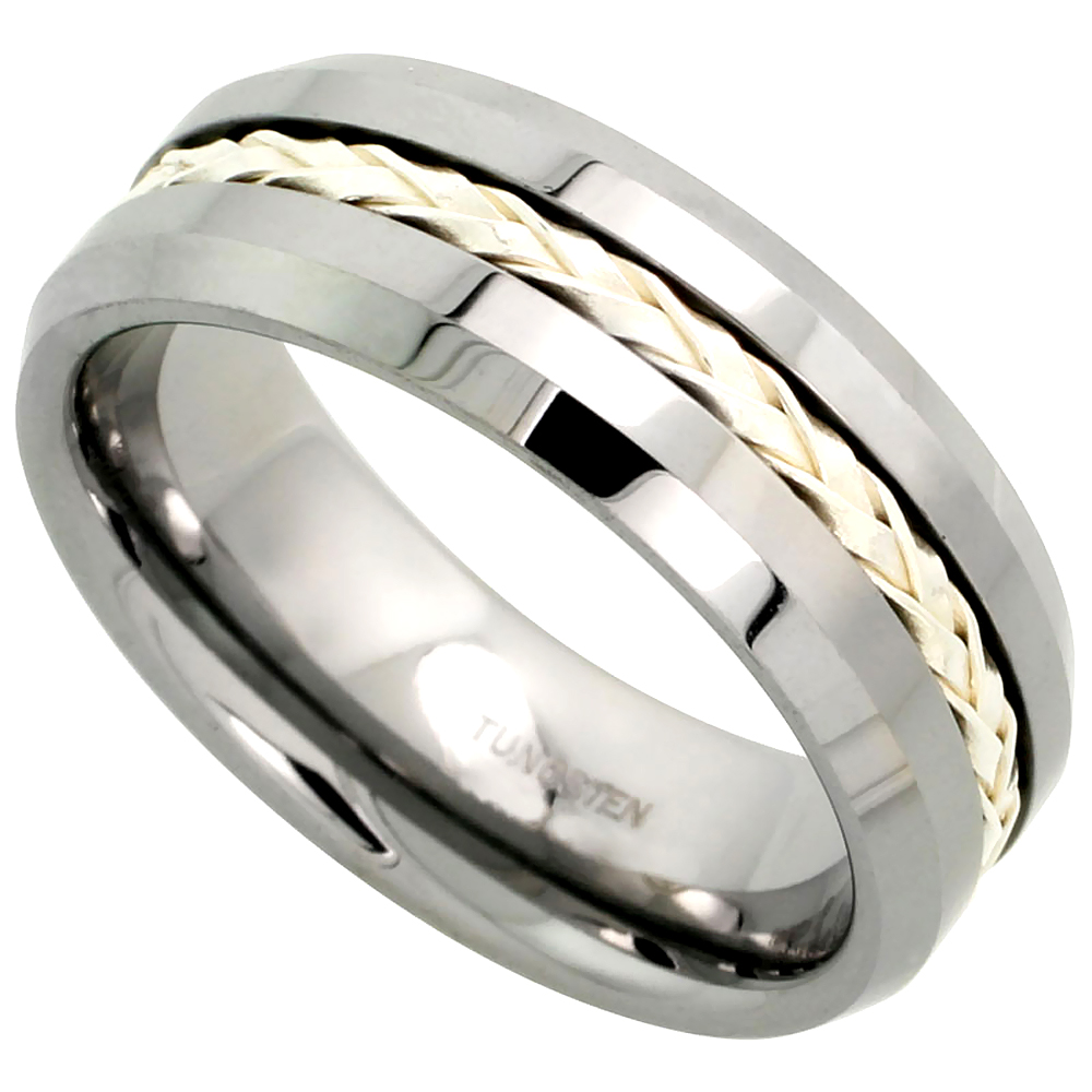 Tungsten Carbide 8 mm Flat Wedding Band Ring Sterling Silver Rope Inlay Beveled Edges, sizes 7 to 14