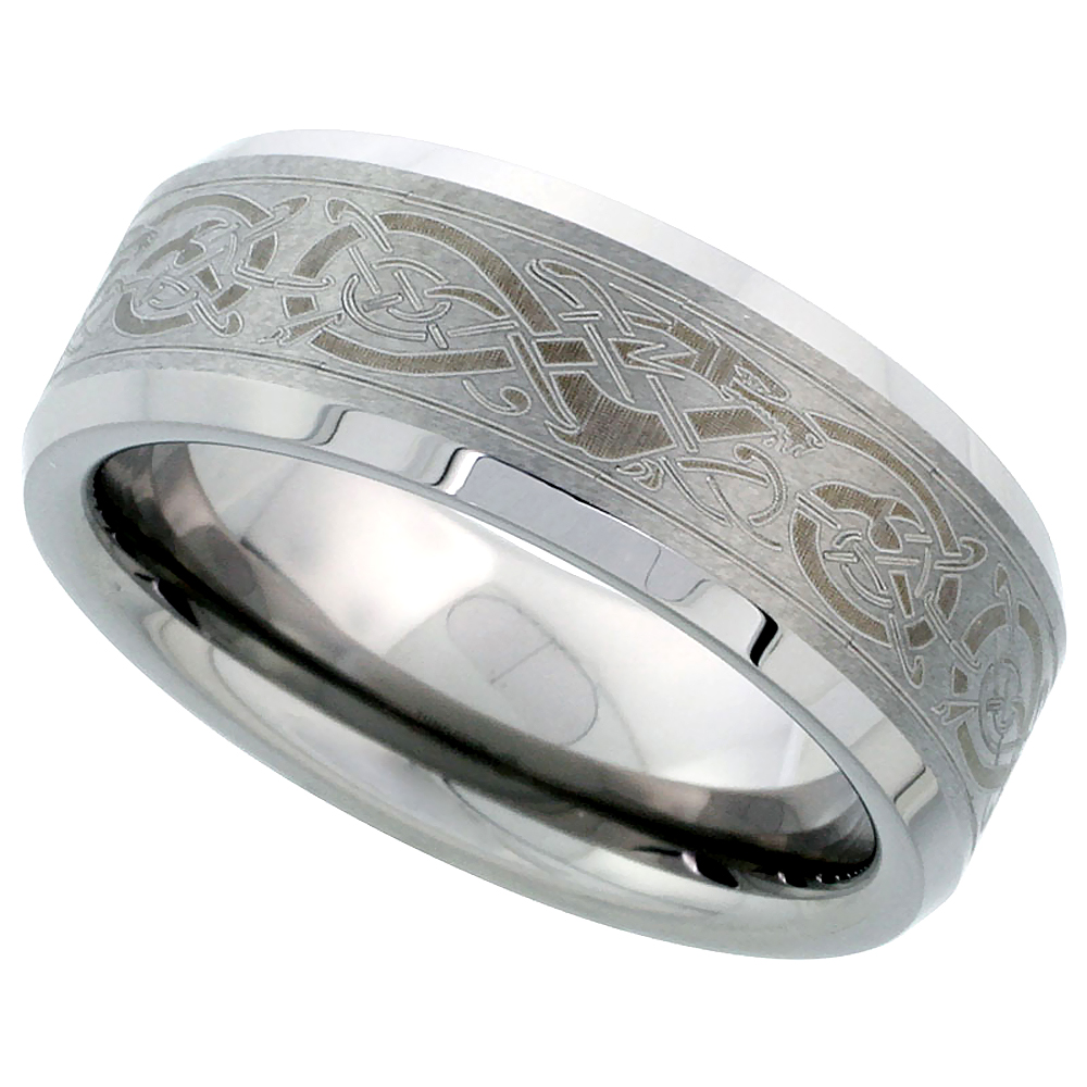 Tungsten Carbide 8 mm Flat Wedding Band Ring Etched Celtic Dragon Pattern Beveled Edges, sizes 7 to 15