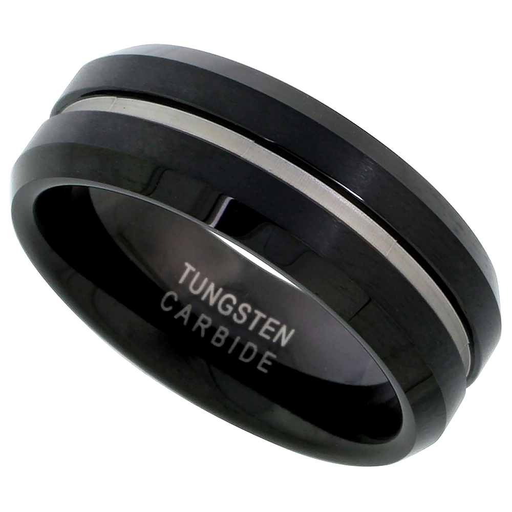 Black Tungsten Carbide 8 mm Flat Wedding Band Ring Grooved Center Brushed Finish Beveled Edges, sizes 7 to 14